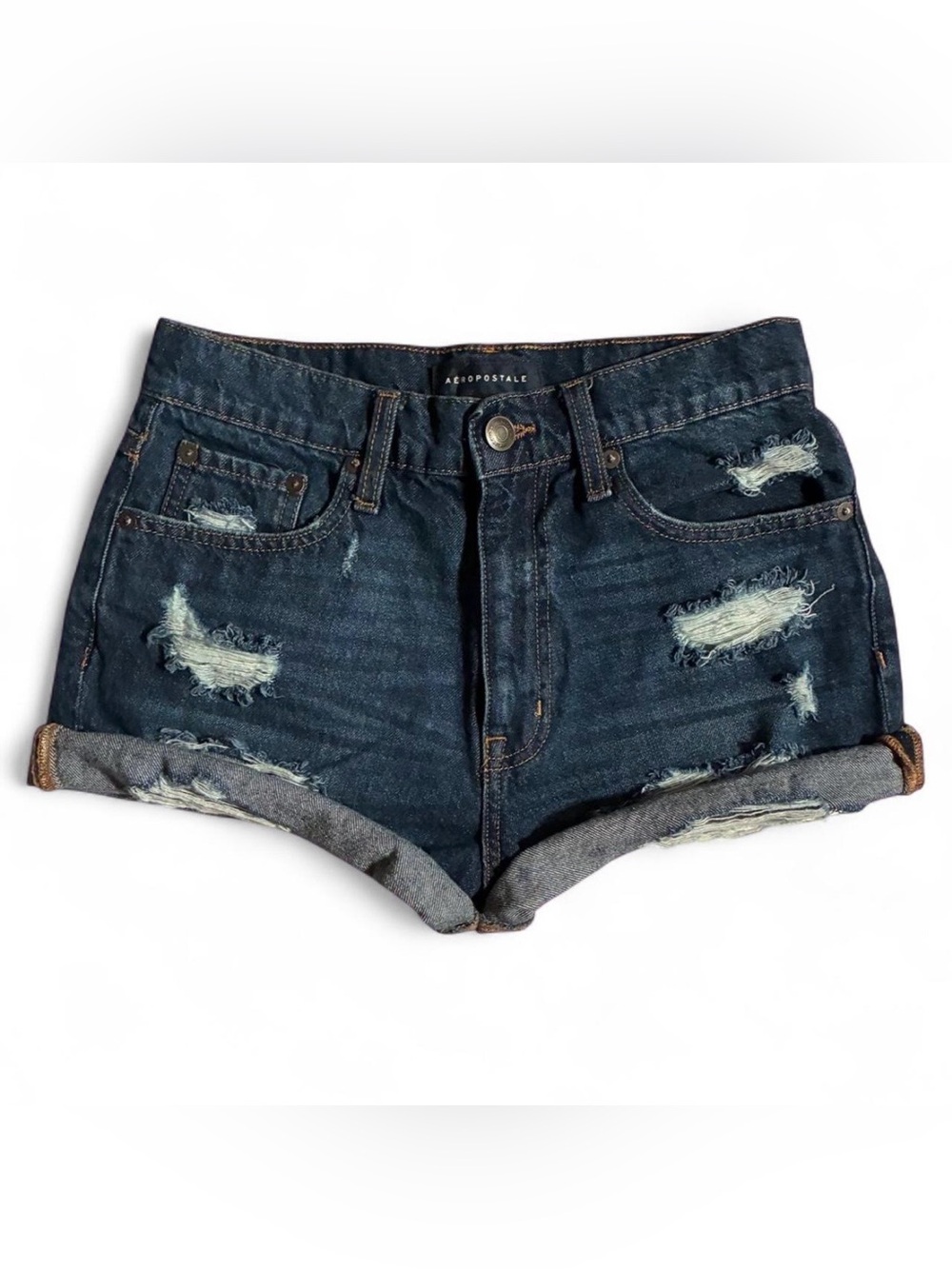 Aeropostale Navy Distressed Rolled Hem Denim Shorts